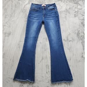 Pink Ivy Jeans Womens 7/28 Blue Mid Rise Flare Leg Raw Hem Stretch Bell Bottoms